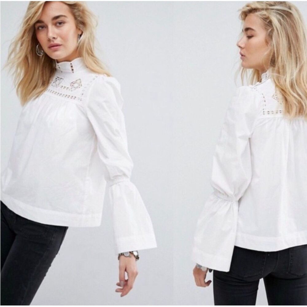 Free People Another Eternity White Blouse boho lace eyelet prairie bell sleeve